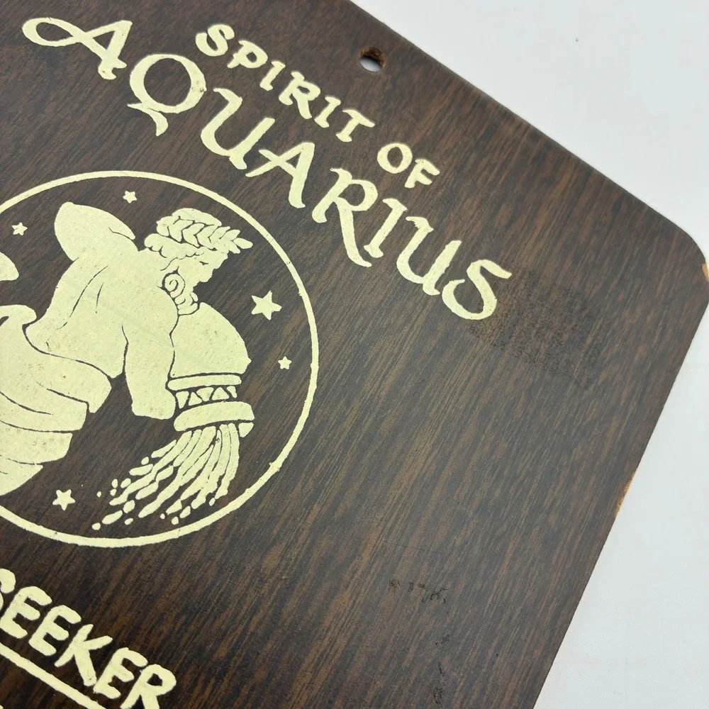 Vintage Spirit of Aquarius Zodiac Wall Plaque Wood Grain Astrology Decor 9x7